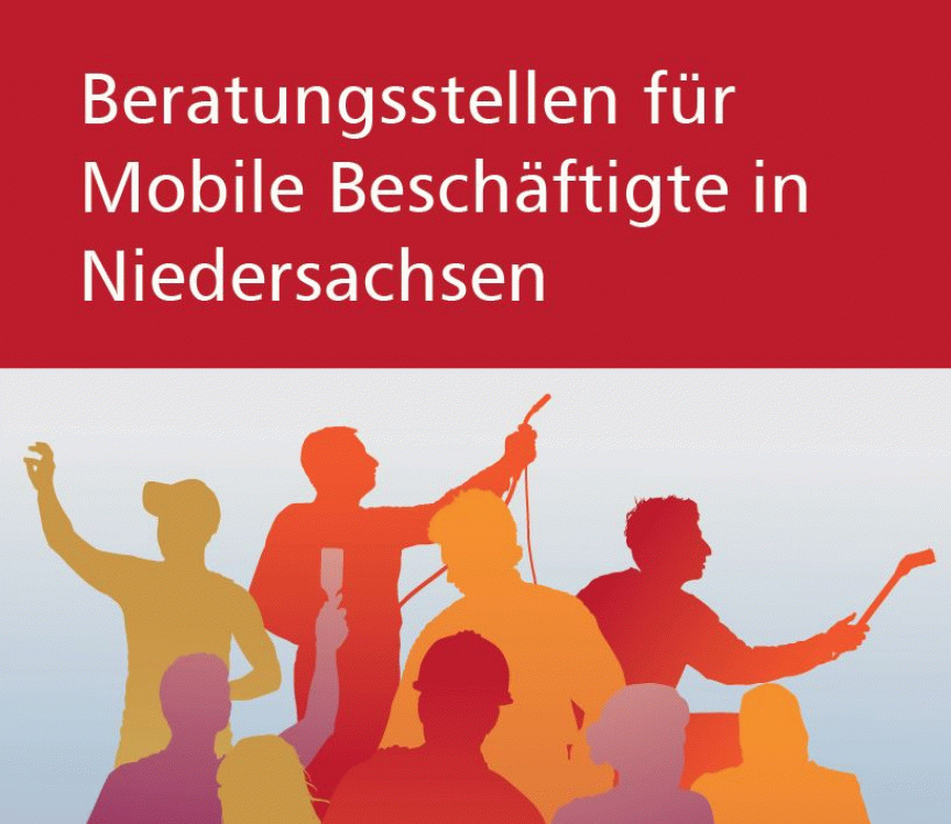Broschürentitel „Beratungsstellen für Mobile Beschäftigte in Niedersachsen" mit Silhouetten verschiedener Arbeiter.