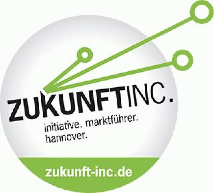 Logo „Zukunft Inc." auf grauem Kreis mit grünen Linien und Punkten. Text: „initiative. marktführer. hannover. zukunft-inc.de"