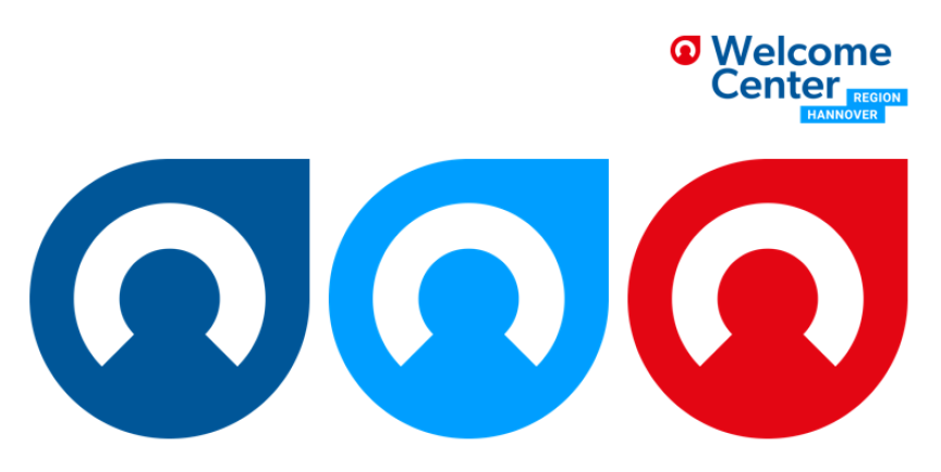 Drei Fachkräfte Bubbles in blau und rot, Logo Welcome Center