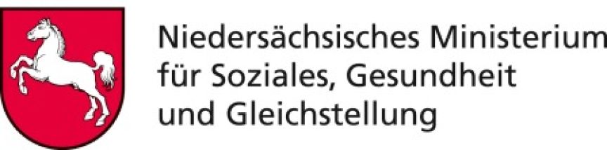 Rotes Wappen mit weißem Pferd, daneben Text: „Niedersächsisches Ministerium für Soziales, Gesundheit und Gleichstellung"