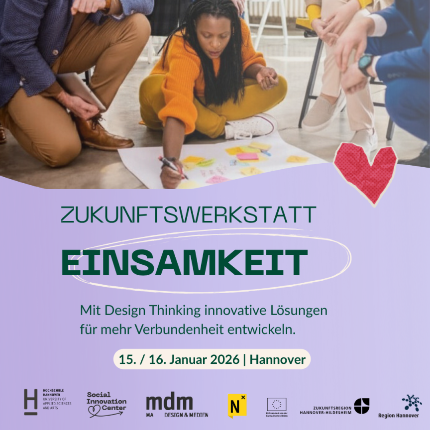 Flyer: „Zukunftswerkstatt Einsamkeit", Design Thinking, 15./16. Januar 2026, Hannover. Foto zeigt Personen beim gemeinsamen Arbeiten.