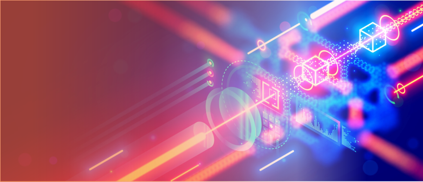 Abstrakte digitale Illustration mit leuchtenden Neon-Würfeln, Verbindungslinien und geometrischen Formen auf rotem und blauem Hintergrund.