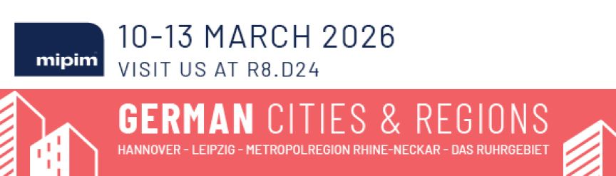 MIPIM 10.–13. März 2026, Stand R8.D24. Banner: German Cities & Regions – Hannover, Leipzig, Metropolregion Rhine-Neckar, Ruhrgebiet.