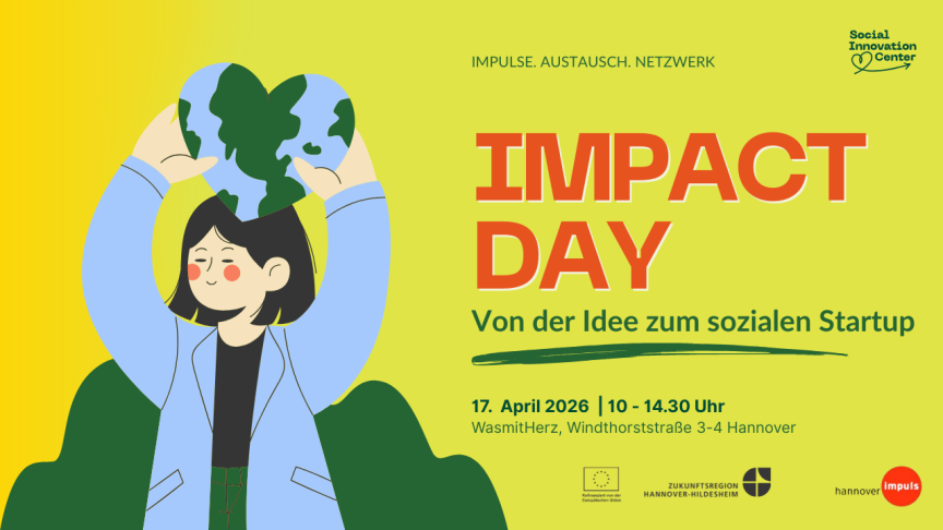 Flyer: Impact Day, 17. April 2026, 10–14:30 Uhr, WasmitHerz Hannover. Illustration einer Frau hält Globus hoch.