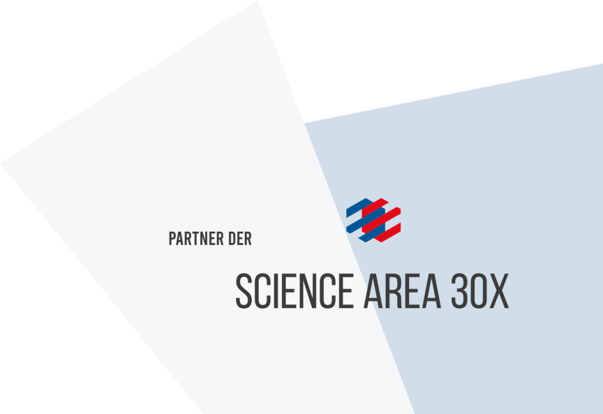 Logo mit Text „Partner der Science Area 30X" auf grau-weißem Hintergrund mit geometrischen Formen.