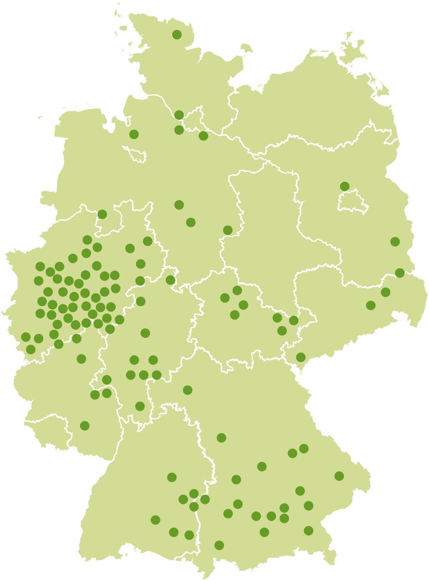 Karte von Deutschland mit grünen Punkten, die über das Land verteilt sind, mit Häufung im Westen.