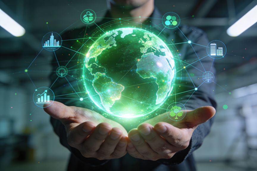 Erde als digitales Hologram, zwei offene Hände.