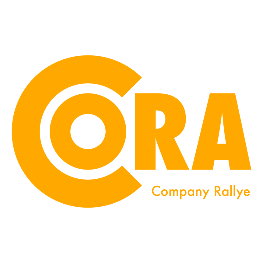 „Orangefarbenes Logo mit dem Schriftzug „CORA" und dem Untertitel „Company Rallye" auf weißem Hintergrund."