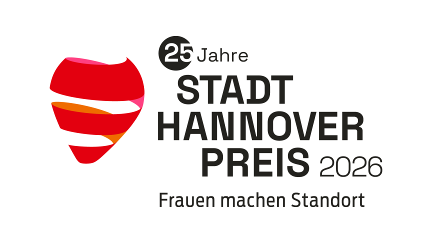 Logo: Rotes Herz mit Farbband, Text „25 Jahre Stadt Hannover Preis 2026 – Frauen machen Standort"