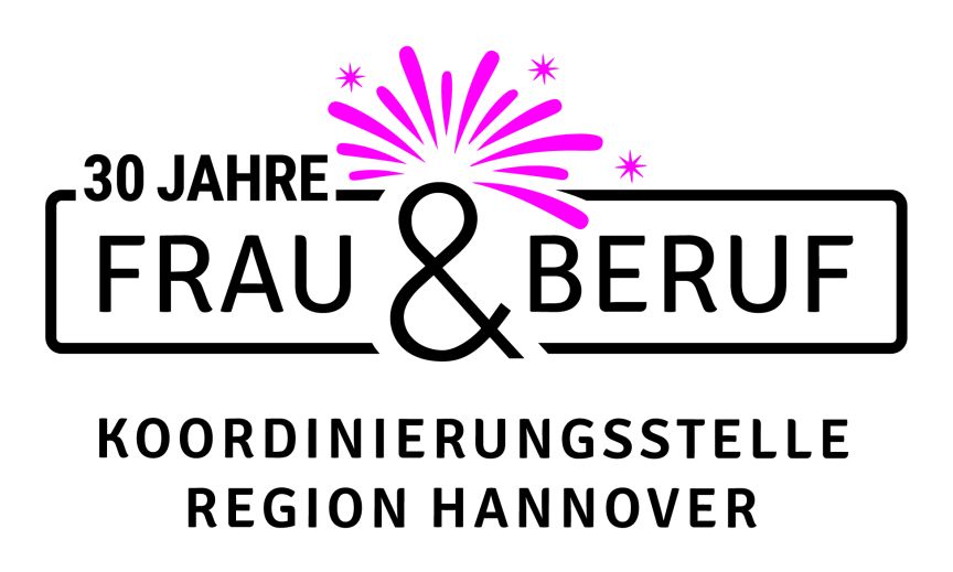 Logo: „30 Jahre Frau & Beruf – Koordinierungsstelle Region Hannover" mit pinkem Feuerwerk.