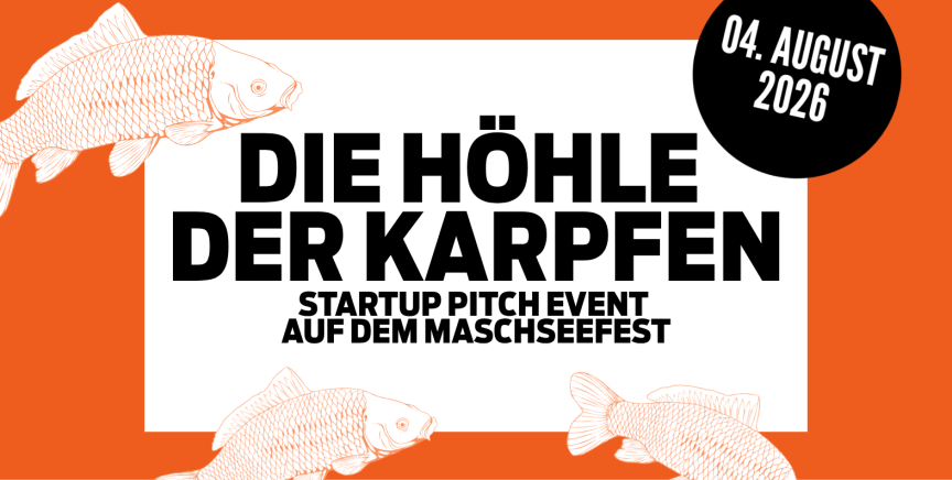 Orangefarbenes Banner: „Die Höhle der Karpfen – Startup Pitch Event auf dem Maschseefest, 04. August 2026"