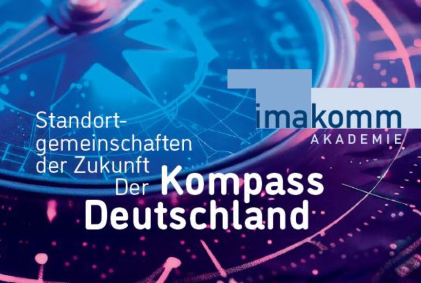 Blaues Kompass-Bild mit Text: „Standortgemeinschaften der Zukunft – Der Kompass Deutschland" und Logo imakomm Akademie.