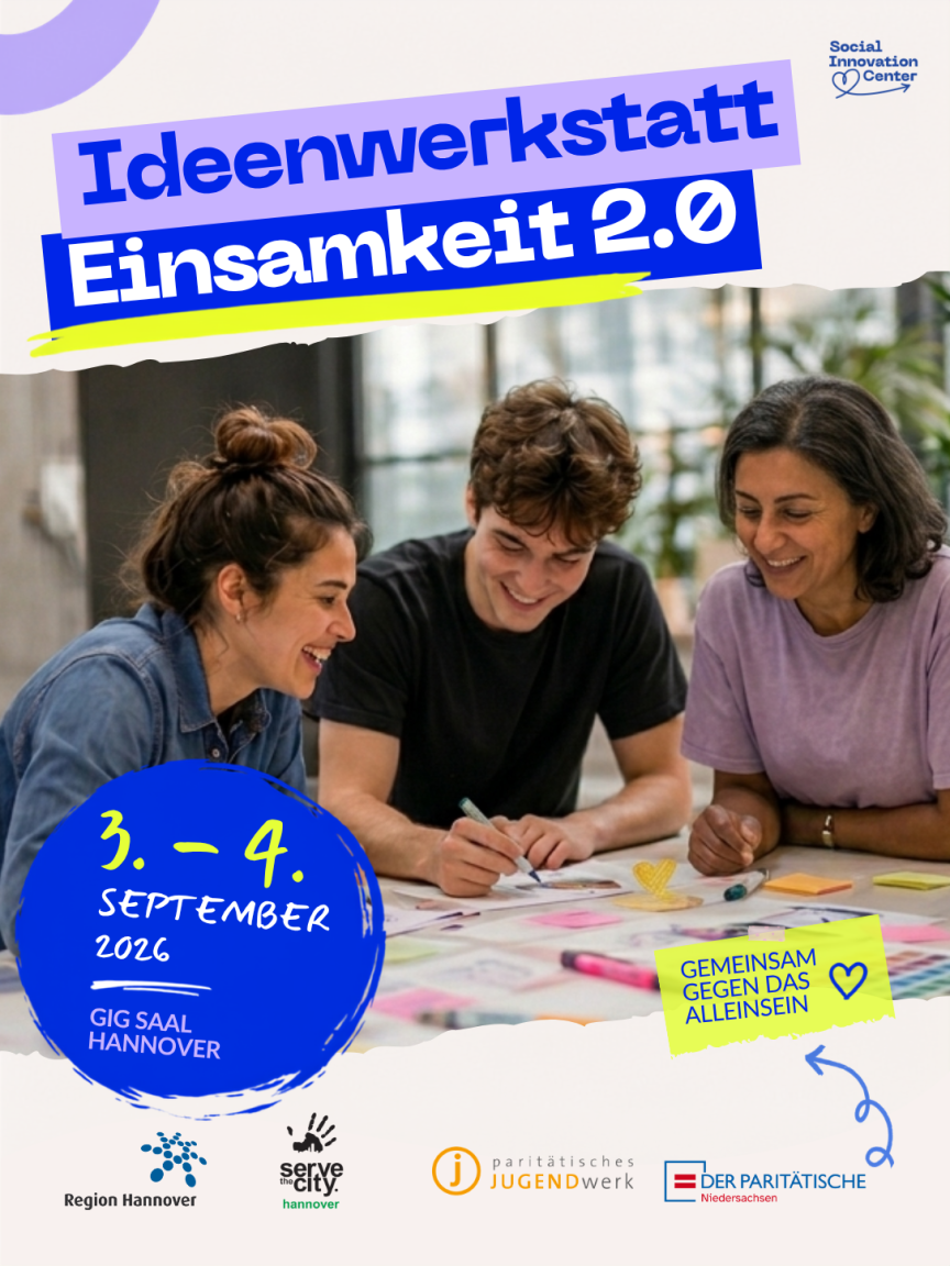 Flyer: „Ideenwerkstatt Einsamkeit 2.0", 3.–4. September 2026, GIG Saal Hannover. Drei Personen arbeiten gemeinsam an einem Tisch.