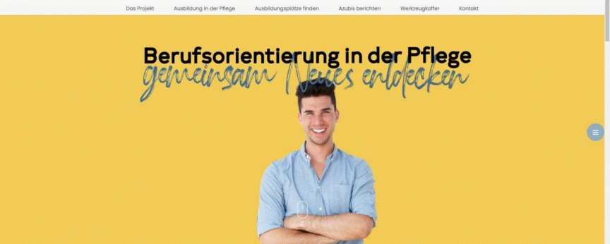 Website-Header: Mann mit verschränkten Armen auf gelbem Hintergrund, Text: Berufsorientierung in der Pflege