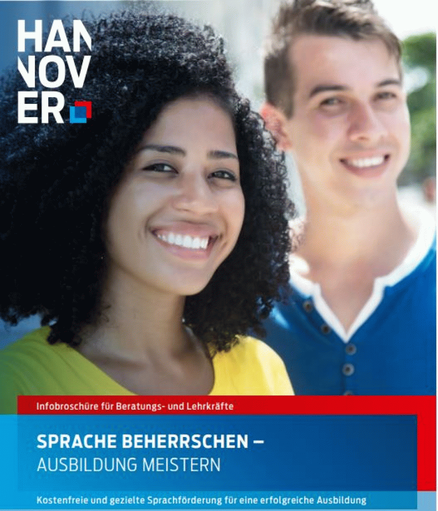 Broschürencover der Stadt Hannover: Zwei junge lächelnde Menschen, Text „Sprache beherrschen – Ausbildung meistern".