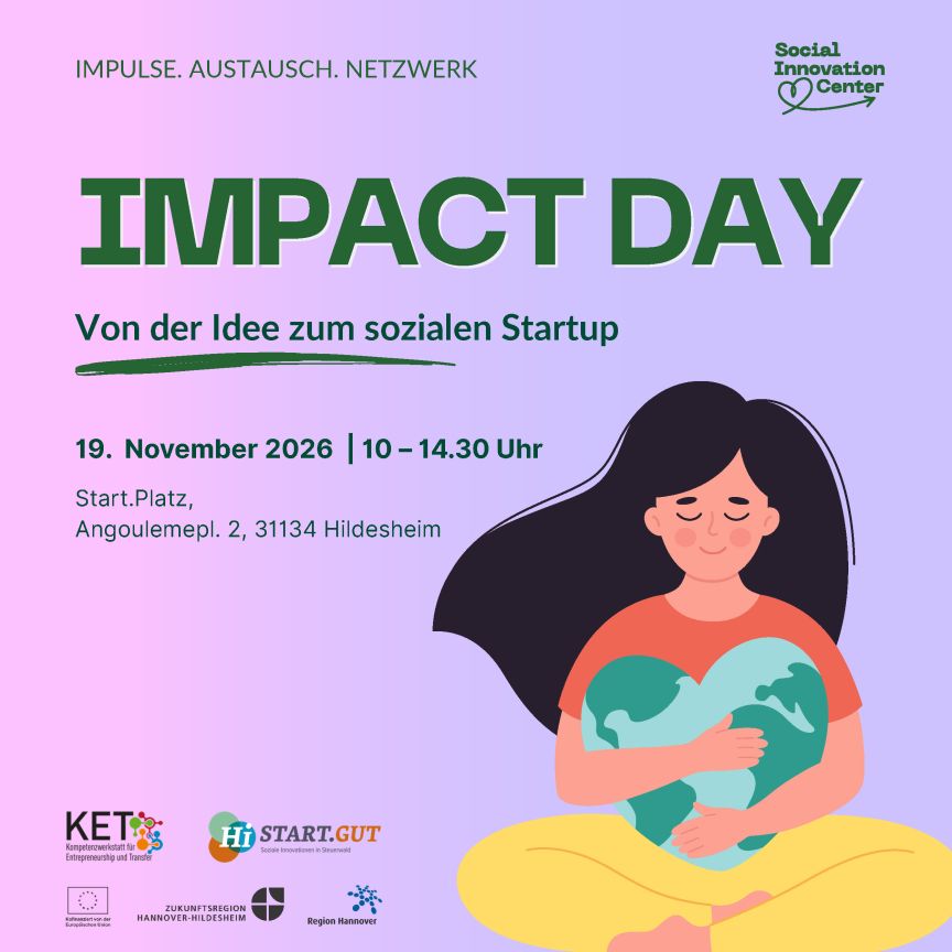 Ein Mensch mit langen Haaren und einem Herz in der Hand . Überschrift Impact Day