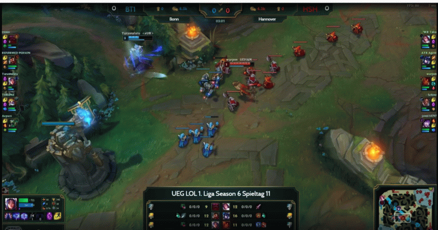 Screenshot eines League of Legends-Matches der UEG LOL 1. Liga Season 6, Spieltag 11, zwischen Teams Bonn und Hannover.