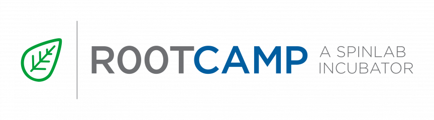 Logo: Grünes Blatt-Symbol, Text „ROOTCAMP – A SPINLAB INCUBATOR" in grau und blau.