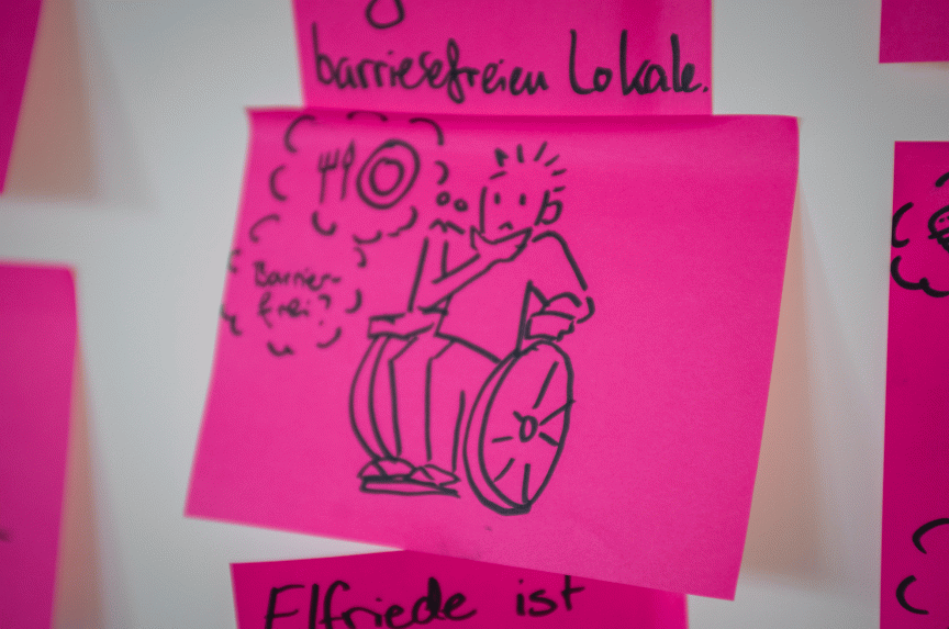 Pink Post-it mit Zeichnung einer Person im Rollstuhl, Aufschrift „Barrierefrei?", umgeben von weiteren pinken Zetteln.