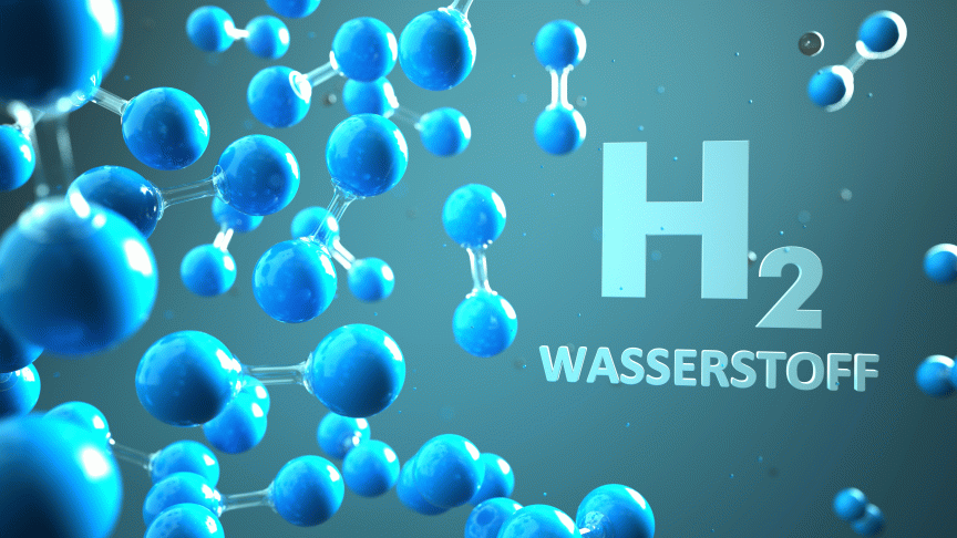 3D-Darstellung blauer Molekülmodelle auf türkisem Hintergrund mit der Aufschrift „H₂ Wasserstoff".