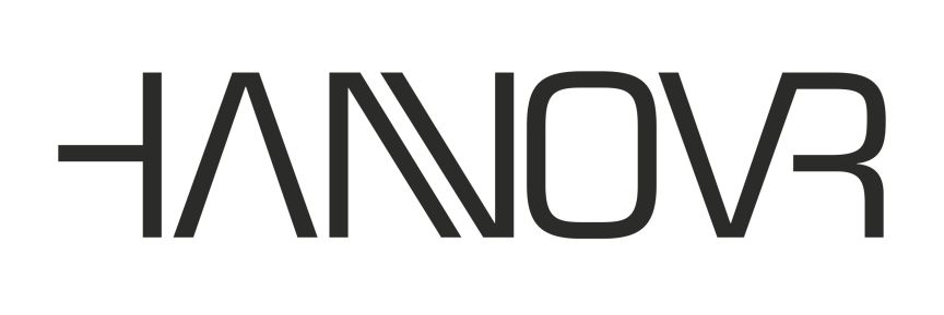 Logo mit dem Schriftzug „HANNOVR" in schwarzen, geometrischen Großbuchstaben auf weißem Hintergrund.