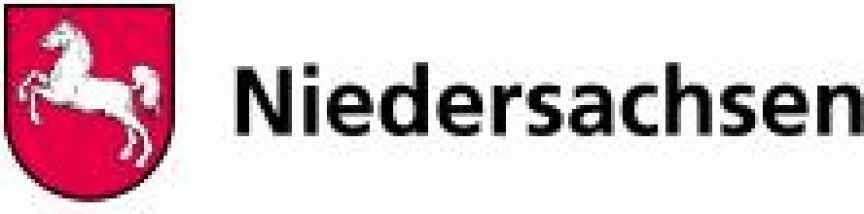 Weißes springendes Pferd auf rotem Hintergrund, daneben schwarzer Schriftzug "Niedersachsen"