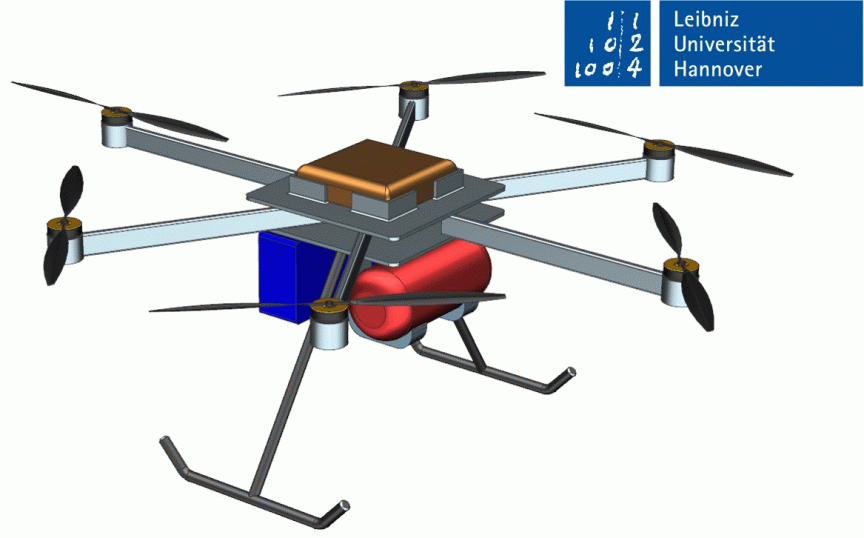 3D-Modell eines Hexakopters mit rotem Zylinder, blauem Quader und braunem Sensor oben. Logo der Leibniz Universität Hannover.