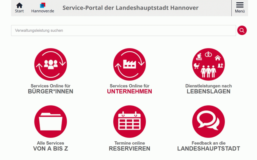 Screenshot des Service-Portals der Landeshauptstadt Hannover mit sechs roten Icon-Kacheln für Bürger, Unternehmen und Termine.