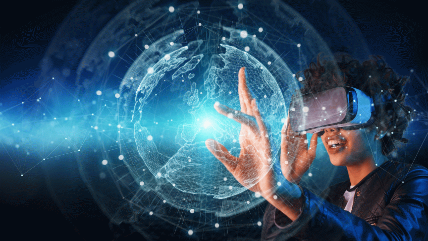 Person mit VR-Brille streckt Hände zu einem leuchtend blauen digitalen Globus mit Netzwerklinien aus.
