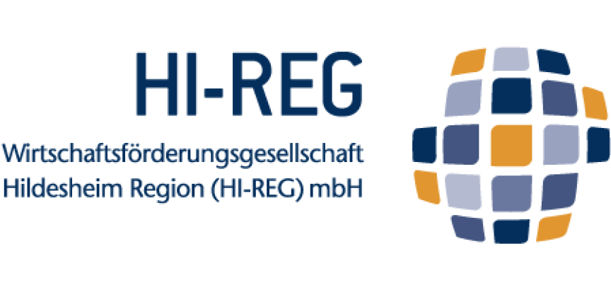 Logo HI-REG: Schriftzug „HI-REG" und „Wirtschaftsförderungsgesellschaft Hildesheim Region (HI-REG) mbH" mit Kugelgrafik.