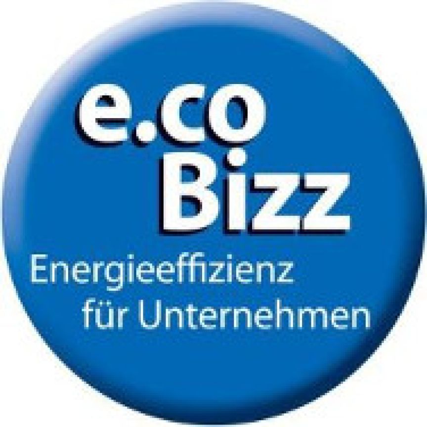 Rundes blaues Logo mit weißem Text „e.co Bizz – Energieeffizienz für Unternehmen"