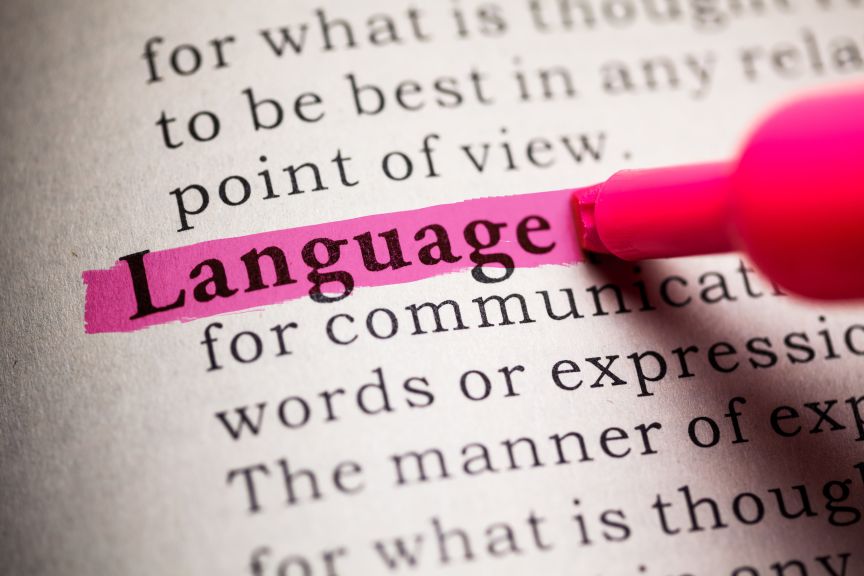 Englischer Text mit dem Wort Language, das mit pinkem Textmarker markiert ist.