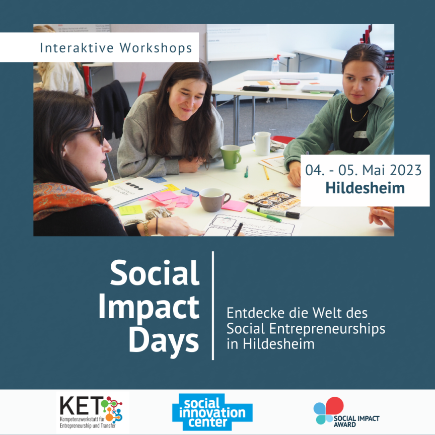 „Flyer: Social Impact Days, 04.–05. Mai 2023, Hildesheim. Drei Frauen arbeiten an einem Tisch mit Notizen."