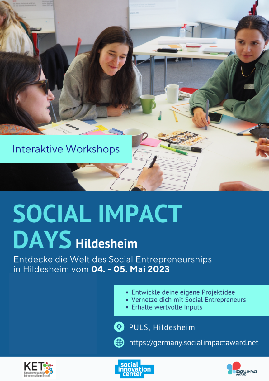 Flyer: Social Impact Days Hildesheim, 4.–5. Mai 2023. Foto zeigt drei Frauen an einem Tisch mit Papieren.