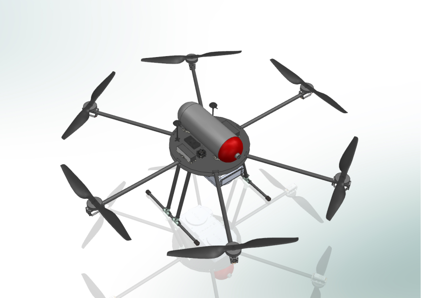Hexacopter-Drohne mit sechs Rotoren, grauem zylindrischem Gehäuse und roter Kuppel, auf reflektierender Fläche.