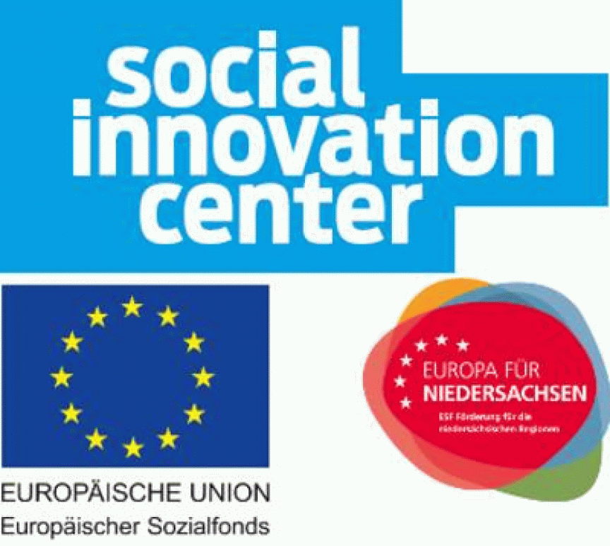 Logo des Social Innovation Centers mit EU-Flagge, Schriftzug "Europäische Union Europäischer Sozialfonds" und Europa für Niedersachsen-Logo.