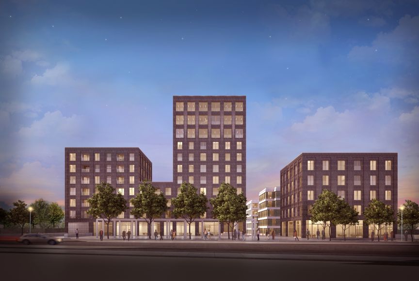 Architekturvisualisierung eines modernen Gebäudekomplexes aus drei Backsteinhäusern, beleuchtet in der Abenddämmerung.