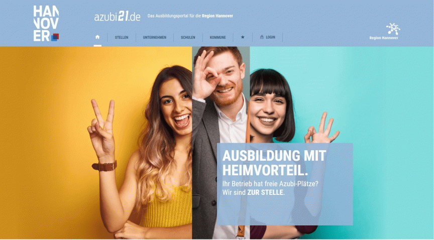 „Website azubi21.de mit drei lachenden Personen und dem Slogan „Ausbildung mit Heimvorteil" – Region Hannover."