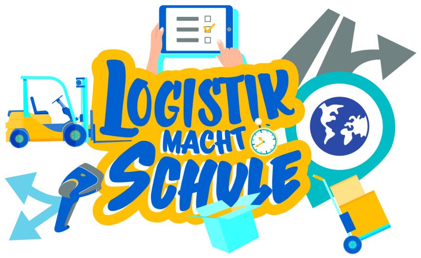 Logo "Logistik macht Schule" mit Gabelstapler, Tablet, Globus, Paketen und Logistiksymbolen in Blau und Gelb.