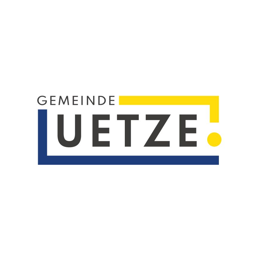 Logo „Gemeinde Uetze": blau-gelber Rahmen, dunkler Schriftzug, gelber Punkt rechts unten.