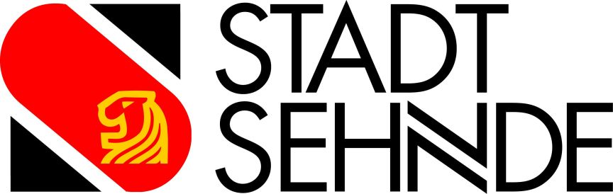 Logo Stadt Sehnde: schwarzes Dreieck, roter Kreis mit goldenem Löwen, schwarzer Schriftzug „Stadt Sehnde".