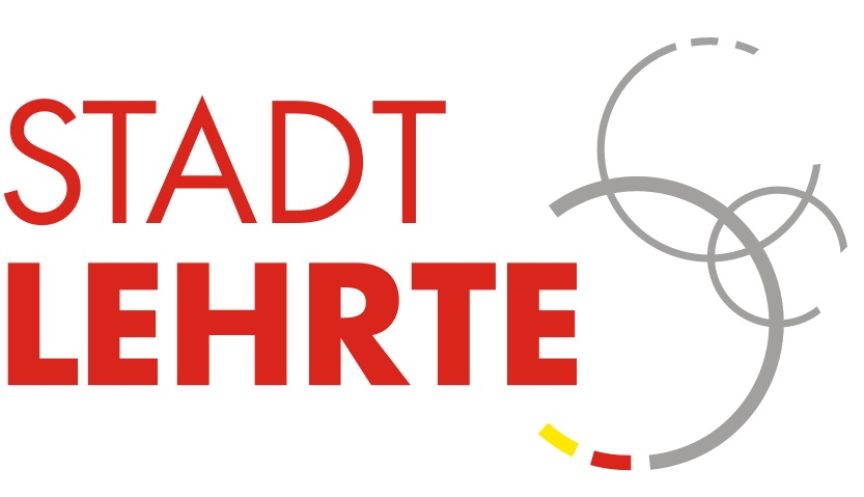 Logo „Stadt Lehrte": roter Schriftzug, daneben graue überlappende Kreise mit gelben und roten Akzenten.