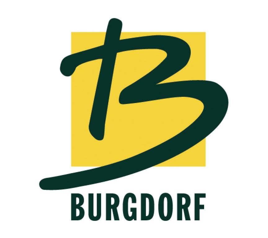 Logo mit stilisiertem „B" in Dunkelgrün auf gelbem Quadrat, darunter der Schriftzug „BURGDORF" in Großbuchstaben.