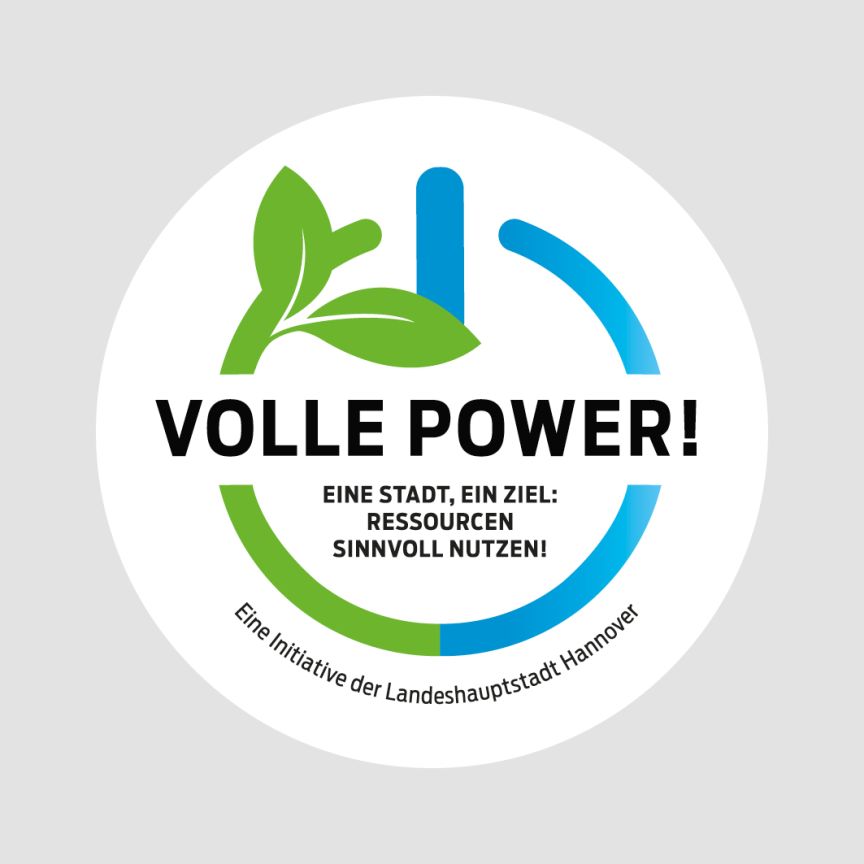 Logo „Volle Power!": Kreissymbol mit Blättern, Text „Eine Stadt, ein Ziel: Ressourcen sinnvoll nutzen!", Initiative Hannover.