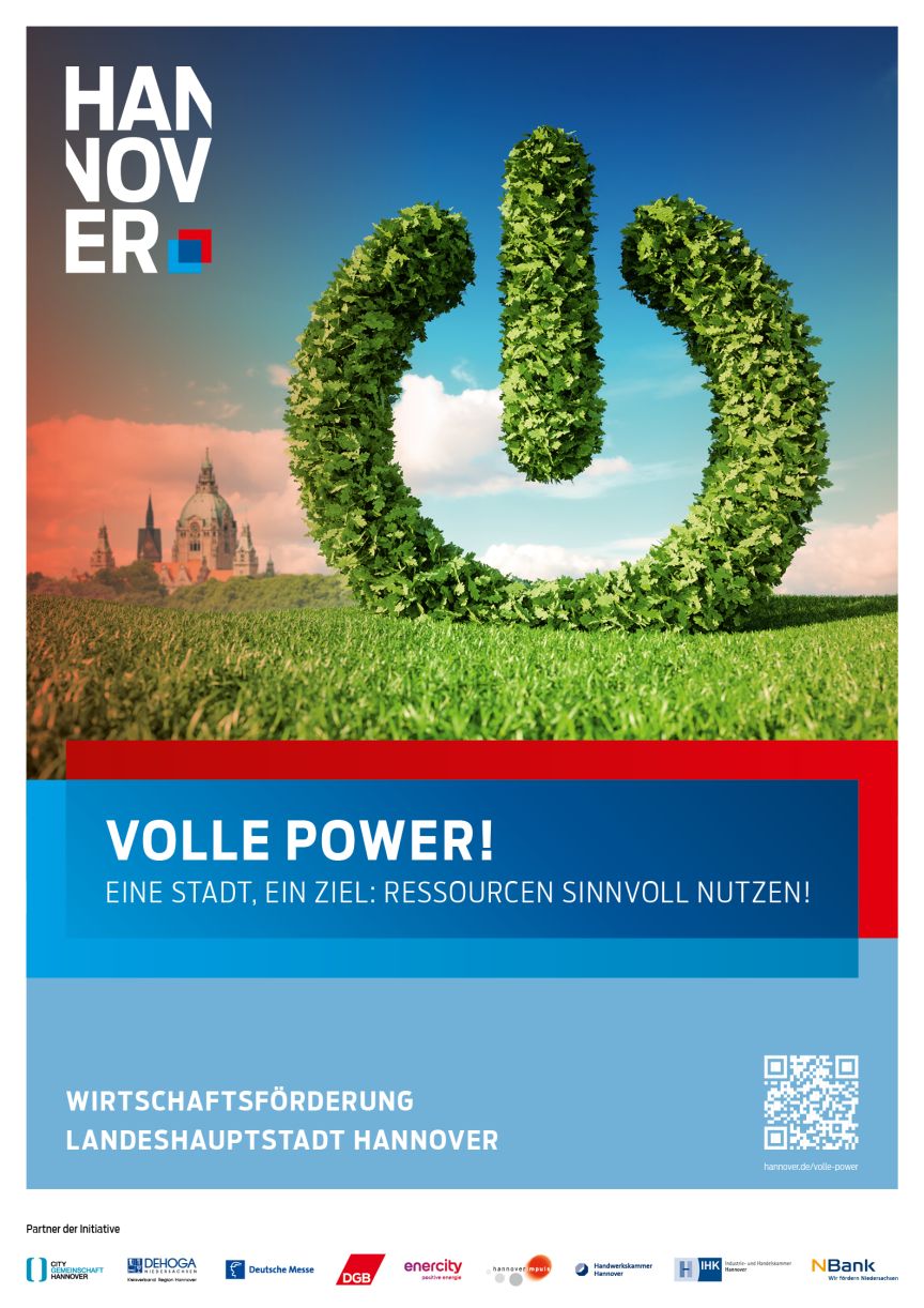 Plakat mit grünem Power-Symbol aus Blättern auf Wiese, Text „Volle Power! Ressourcen sinnvoll nutzen", Logo Hannover.