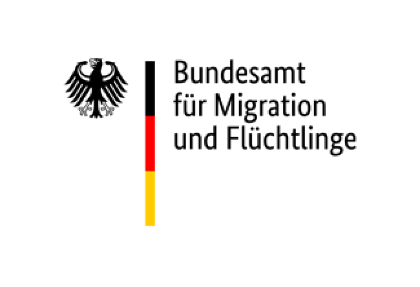 Logo des Bundesamts für Migration und Flüchtlinge: Bundesadler links, deutsche Flaggenfarben, schwarzer Schriftzug rechts.