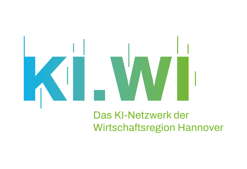 Logo „KI.WI – Das KI-Netzwerk der Wirtschaftsregion Hannover" in Blau und Grün mit stilisierten Balkendiagrammen.