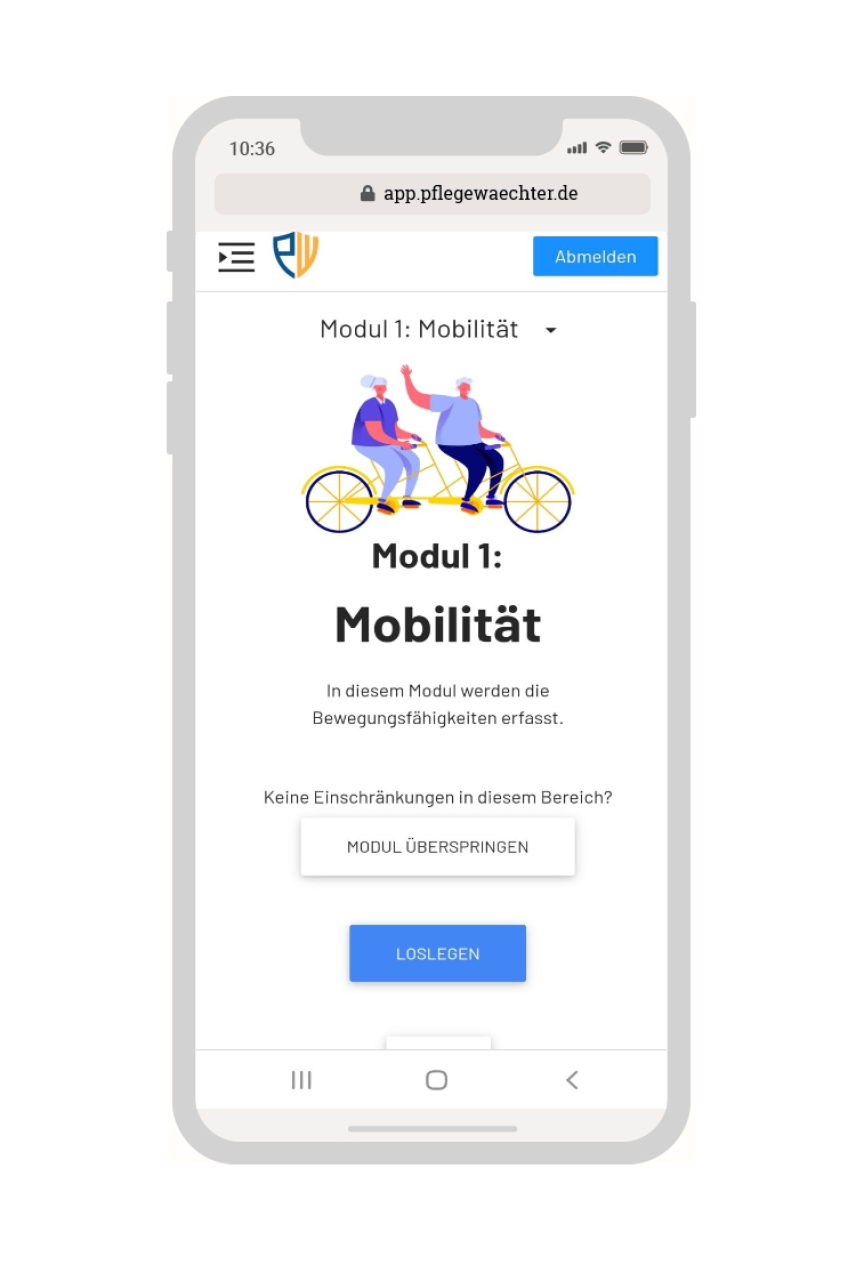 Smartphone zeigt App „Pflegewächter", Modul 1: Mobilität. Illustration zweier älterer Personen auf Tandemfahrrad.