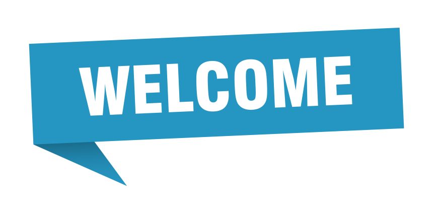 Blaues Sprechblasen-Banner mit weißem Text „WELCOME" und einem dreieckigen Zeigeelement unten links.