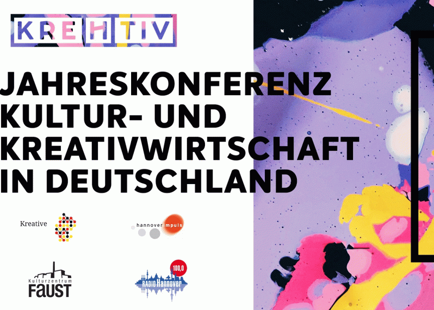 „Logo KreHtiv, Text: Jahreskonferenz Kultur- und Kreativwirtschaft in Deutschland. Logos: Faust, hannoverimpuls, Radio Hannover."